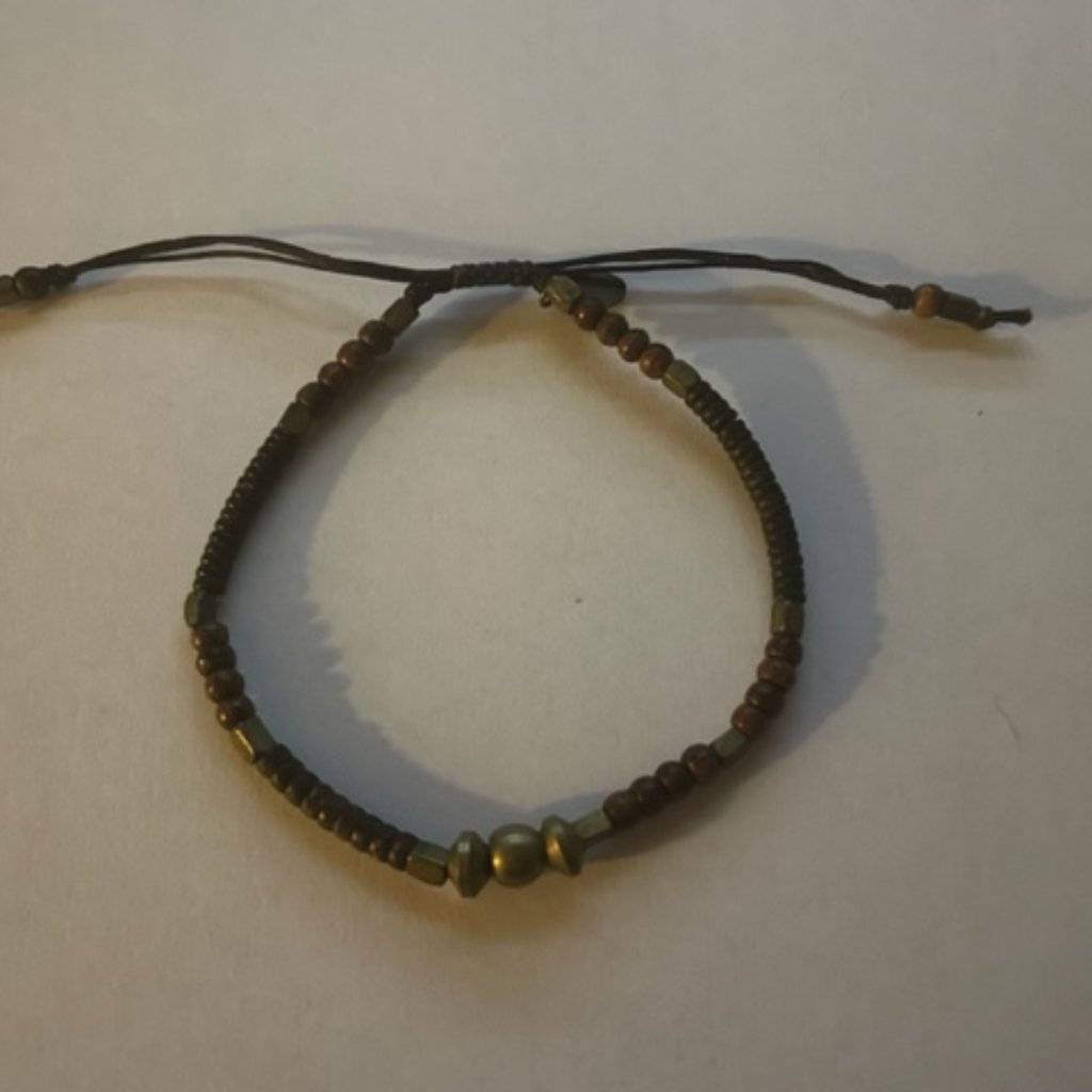 Tai Brown Waxed Cord Adjustable Bracelet With Brown Wood And Brass Metal Beads 30$